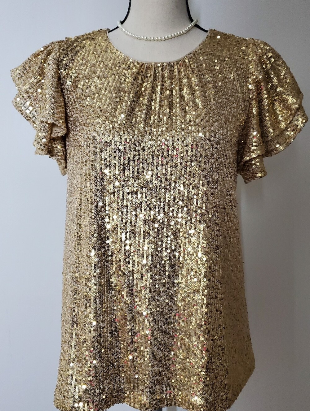 Vineyard Vines Sparkly Gold Sequin Flutter Sleeve Women's Top Blouse Size L